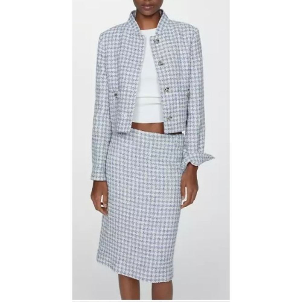 Mango Tweed Crop Jacket Pencil Skirt Suit Set Womens S Blue Plaid Preppy Coord